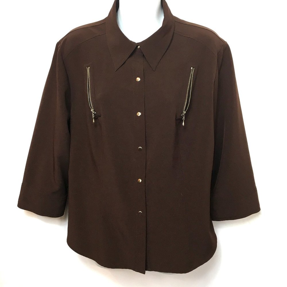 Kathy Che Brown Stretch Casual Career Work 3/4 Sleeve Blouse Sz 14